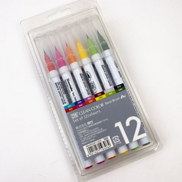 Zig Kuretake Clean Color, Real Brush Akvarel Pen sæt, 12stk.